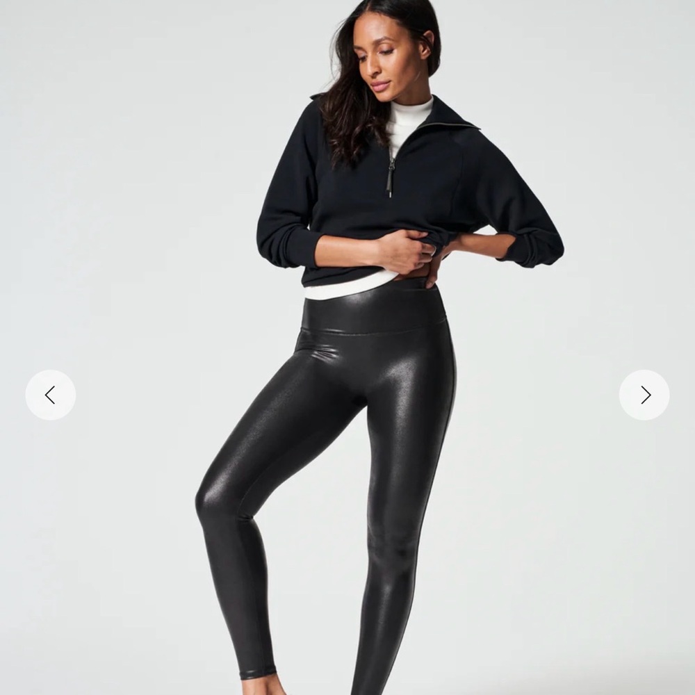 SPANX Shiny Black High-Waist Faux-Leather Leggings NWOT - Picture 2 of 7